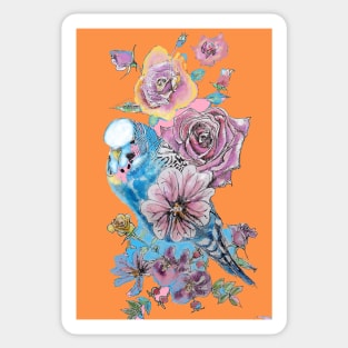 Blue Budgie and Rose Watercolor Painting on Orange Sticker